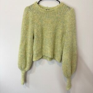 Olivaceous Balloon Sleeve Sweater Womens Small Green Yellow Marled Knit Cropped